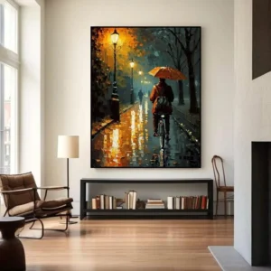 fietsen in regen schilderij "Fietsen in de Regen" - Handgeschilderd Canvas Schilderij van Nederlandse Straatscène