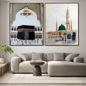 Masjid-E-Nabawi En Kaaba Schilderijen – Handgeschilderde Canvas Kunst Set van schilderijen van Masjid-e-Nabawi en Kaaba in olieverf - islamitische kunst op canvas