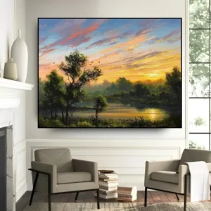 Schilderij Van Rivierlandschap Met Groene Bomen En Zonsondergang – Handgemaakte Kunst Op Canvas Olieverfschilderij van groene bomen, een rivier en een zonsondergang - rustgevend landschap op canvas