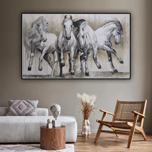 Handgeschilderd olieverfschilderij van een paard op canvas, met elegante penseelstreken en warme kleuren.