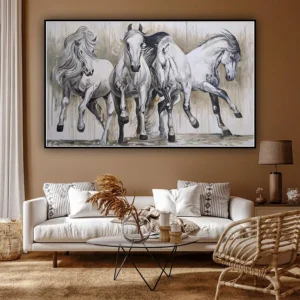 Elegantie van een paard – handgeschilderd olieverfschilderij Handgeschilderd olieverfschilderij van een paard op canvas, met elegante penseelstreken en warme kleuren.