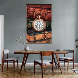 Olieverfschilderij van zakhorloge en boek op canvas - vintage kunst voor decoratie