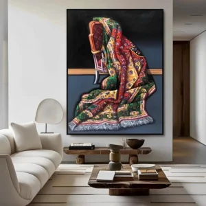 Antiek Tapijt Elegantie – Handgemaakt Olie Schilderij Handgemaakt olieverfschilderij "Antiek Tapijt Elegantie" met een gedetailleerd antiek tapijt op een klassieke stoel