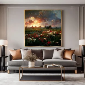 Zonsondergang Bloemenpracht – Handgemaakte Olie Schilderij Handgemaakt olieverfschilderij met bloemen, groen en zonsondergang in warme kleuren