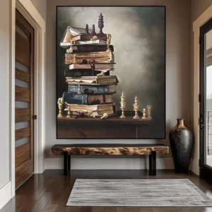 Boeken en Schaakstukken Olieverfschilderij op Tafel Handgemaakte olieverfschilderij met boeken en schaakstukken op een tafel