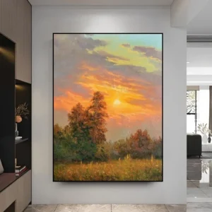 'Bomen en Bloemen met Zonsopgang Achter de Wolken' Handgemaakt Olie Schilderij – Natuurkunst voor Thuis