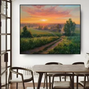 ‘Groen Landschap bij Zonsondergang’ Handgemaakt Olie Schilderij – Natuurlijke Kunst voor Thuis Handgemaakt olie schilderij 'Groen Landschap bij Zonsondergang' met weelderig groen en warme zonsondergangkleuren op canvas