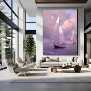 schilderij van windsurfer door de rivier en volgels boven Handgemaakt olieverfschilderij van witte windsurfers op een rivier met vogels in de lucht
