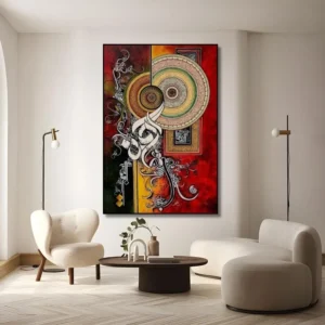 Surah Rehman – Exclusief Olie Schilderij Exclusief handgeschilderd olieverfschilderij "Surah Rehman" met sierlijke Arabische kalligrafie en spirituele symbolen