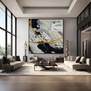 Wit, Zwart en Goud – Exclusief Abstract Olie Schilderij Exclusief handgeschilderd abstract olieverfschilderij "Wit, Zwart en Goud" met harmonieuze witte, zwarte en gouden vormen