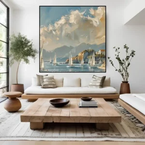 Handgemaakt olie schilderij ‘Witte Boten op Zee met Witte Wolken’ met witte boten en zachte wolken op canvas 'Witte Boten op Zee met Witte Wolken' Handgemaakt Olie Schilderij – Maritiem Kunstwerk voor Thuis