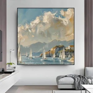 Handgemaakt olie schilderij 'Witte Boten op Zee met Witte Wolken' met witte boten en zachte wolken op canvas