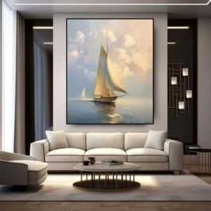 Exclusief handgeschilderd olieverfschilderij “Wit plankzeilen op Zee” met een witte boot die rustig over de azuurblauwe zee vaart Wit plankzeilen op Zee – Exclusief Olie Schilderij