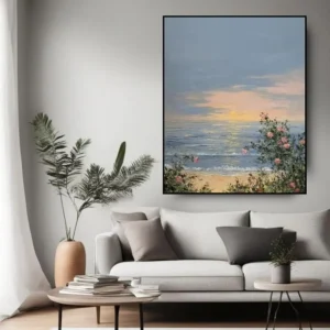 ‘Zee en Bloemen’ Handgemaakt Olie Schilderij – Uniek Kunstwerk voor Thuis Handgemaakt olie schilderij 'Zee en Bloemen' met maritieme en bloemrijke motieven op canvas